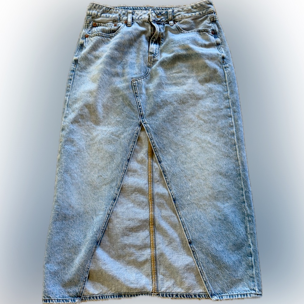American Eagle Low Rise High Slit Denim Maxi Skirt